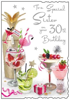 Jonny Javelin Sister 30th Birthday Card - Cocktails with Glitter Foil 9x6.25"