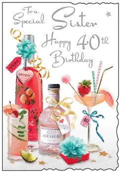 Jonny Javelin Sister 40th Birthday Card - Pink Gin Cocktail Glitter Foil 9x6.25"