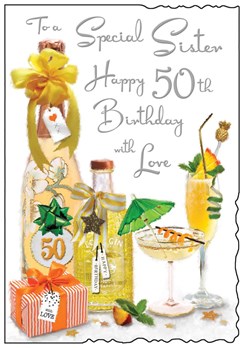 Jonny Javelin Sister 50th Birthday Card - Gin Cocktail Glitter & Foil 9x6.25"