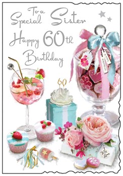 Sister 60th Birthday Card - Pink Cocktail & Chocolates with Glitter Foil 9x6.25"