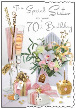 Jonny Javelin Sister 70th Birthday Card - Champagne Flutes Flowers Foil 9x6.25"