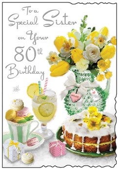Sister 80th Birthday Card - Cake and Flowers in Jug with Glitter Foil 9x6.25" Sister 80th Birthday Card - Cake and Flowers in Jug with Glitter Foil 9x6.25"
