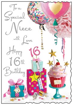 Niece 16th Birthday Card - Cupcake and Presents with Glitter & Silver Foil 9"x6" Niece 16th Birthday Card - Cupcake and Presents with Glitter & Silver Foil 9"x6"