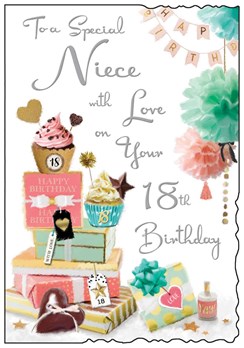 Jonny Javelin Niece 18th Birthday Card - Cupcakes with Glitter Silver Foil 9x6"