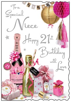 Niece 21st Birthday Card - Pink and Gold Champagne with Glitter Foil 9x6.25"