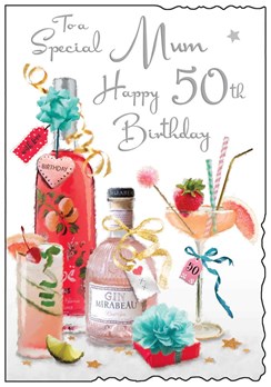 Jonny Javelin Mum 50th Birthday Card - Pink Gin Cocktail Glitter & Foil 9x6.25"