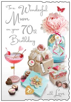 Jonny Javelin Mum 70th Birthday Card Flower Blue Vase Cocktail Glitter Foil 9x6" Jonny Javelin Mum 70th Birthday Card Flower Blue Vase Cocktail Glitter Foil 9x6"