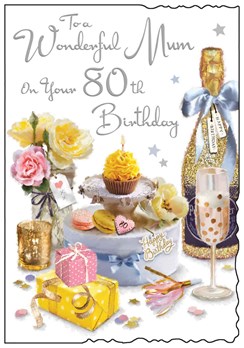 Mum 80th Birthday Card - Cake and Champagne with Glitter and Foil 9x6.25"