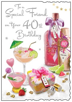 Jonny Javelin Special Friend 40th Birthday Card - Pink Gin Cocktail 9x6.25"