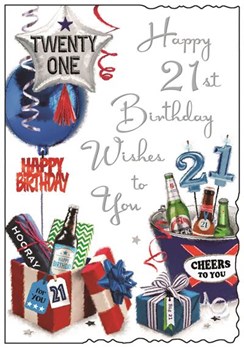 Jonny Javelin 21st Birthday Card - Age 21 Beers Balloons Silver Foil 9"x6.25"