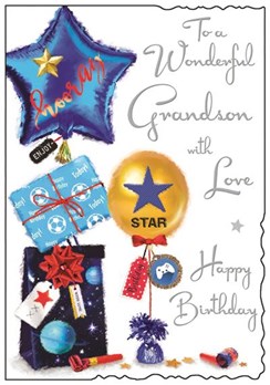 Jonny Javelin Grandson Birthday Card - Balloons and Presents Silver Foil 9x6.25"