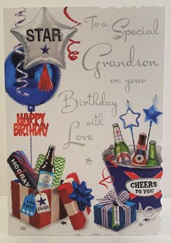 Jonny Javelin Grandson Birthday Card Beer Balloons Presents Silver Foil 9x6.25"