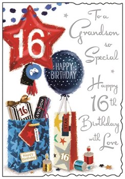 Jonny Javelin Grandson 16th Birthday Card Balloons Presents Silver Foil 9x6.25"