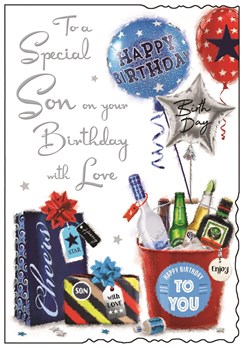 Jonny Javelin Son Birthday Card Ice Bucket Presents Balloons Silver Foil 9x6.25"