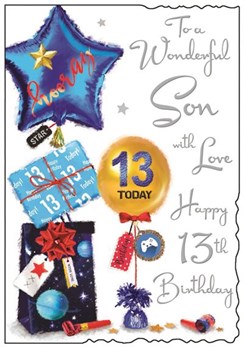 Jonny Javelin Son 13th Birthday Card - Balloons and Presents Silver Foil 9x6.25"