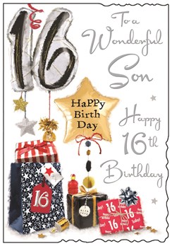 Jonny Javelin Son 16th Birthday Card Presents Balloons Silver Foil 9x6.25"