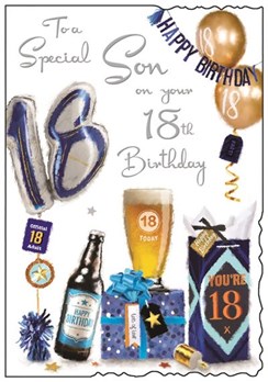 Jonny Javelin Son 18th Birthday Card - Balloons and Beer with Silver Foil 9x6"
