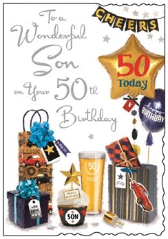 Jonny Javelin Son 50th Birthday Card - Balloons and Presents Silver Foil 9x6.25"