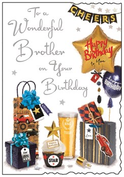 Jonny Javelin Brother Birthday Card - Beer Presents & Balloons with Foil 9x6.25"