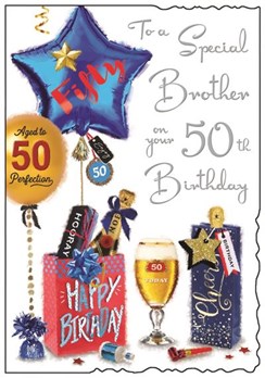 Jonny Javelin Brother 50th Birthday Card Beer Balloons Silver Foil 9x6.25"