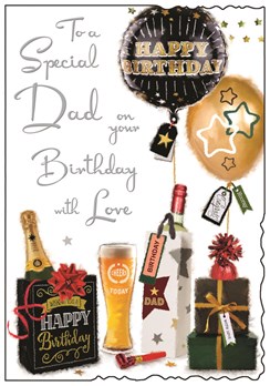 Jonny Javelin Dad Birthday Card - Presents and Balloons with Silver Foil 9x6.25"