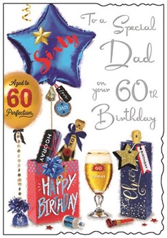Jonny Javelin Dad 60th Birthday Card - Presents Balloons Silver Foil  9x6.25"