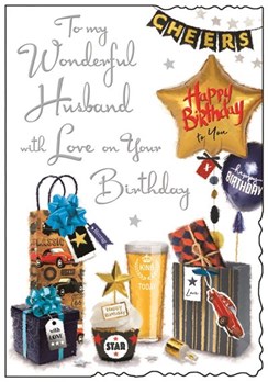 Jonny Javelin Husband Birthday Card - Beer Presents Balloon Silver Foil 9"x6.25"
