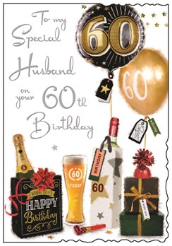 Jonny Javelin Husband 60th Birthday Card - Presents Balloons Silver Foil 9x6.25"
