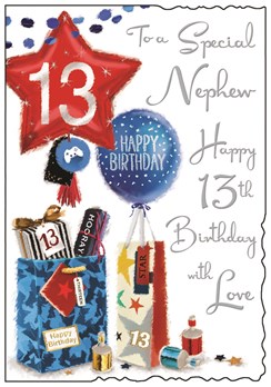 Jonny Javelin Nephew 13th Birthday Card - Balloons Presents Silver Foil 9x6.25"