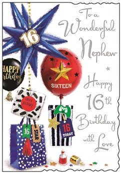 Jonny Javelin Nephew 16th Birthday Card - Balloons Presents Silver Foil 9x6.25"
