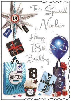 Jonny Javelin Nephew 18th Birthday Card - Balloons Presents and Silver Foil 9x6"