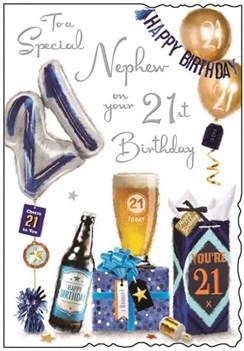 Jonny Javelin Nephew 21st Birthday Card - Balloons Beer and Silver Foil 9x6"