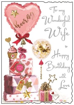 Jonny Javelin Wife Birthday Card Pink Heart Balloon Presents Glitter Foil 9x6.25