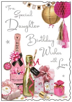 Jonny Javelin Daughter Birthday Card - Pink Gold Champagne Glitter Foil 9x6.25