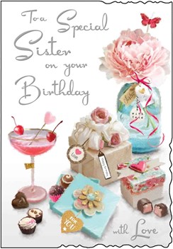 Jonny Javelin Sister Birthday Card - Pink Flower Blue Vase Cocktail 9x6.25"