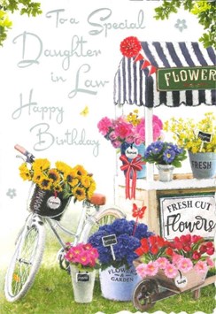 Jonny Javelin Daughter-in-Law Birthday Card - Flower Cart Glitter & Foil 9x6.25" Jonny Javelin Daughter-in-Law Birthday Card - Flower Cart Glitter & Foil 9x6.25"