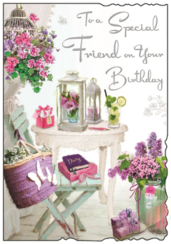 Jonny Javelin Special Friend Birthday Card - Patio Table Chair & Flowers 9x6.25"