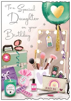 Jonny Javelin Daughter Birthday Card - Make Up & Mirror with Glitter Foil 9x6.25
