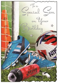 Jonny Javelin Son Birthday Card - Football Boots Bottle Whistle & Foil 9x6.25"