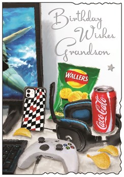 Jonny Javelin Grandson Birthday Card - Games Controller Phone & Snacks 9x6.25"