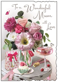 Jonny Javelin Mum Birthday Card - Pink Flowers & Cocktail Silver Foil 9x6.25" Jonny Javelin Mum Birthday Card - Pink Flowers & Cocktail Silver Foil 9x6.25"