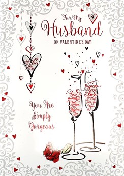 Husband Valentine's Day Card - Champagne Flutes, Red Rose & Hearts 9.75" x 6.75"
