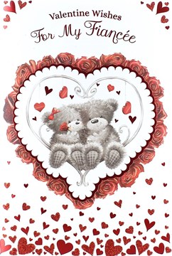 Fiancee Valentine's Day Card - Grey Bears, Red Roses & Glitter Hearts 9" x 6"