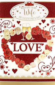 Wife Valentine's Day Card & White Box - Flutes, Roses & Tiny Hearts 10.75" x 7"