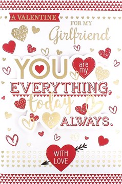 Girlfriend Valentine's Day Card - Gold Text, Love Hearts & Red Triangles 9" x 6"