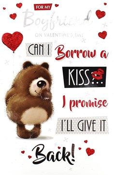 Boyfriend Valentine's Day Card - Brown Bear, Balloon, Hearts & Kisses 9" x 6"