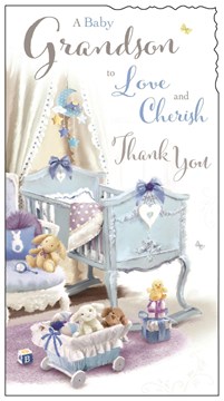 Jonny Javelin Thank You For Baby Grandson Card - Blue Crib Silver Foil 9.25x5"