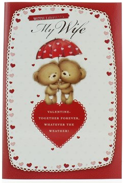 Wife Valentine's Day Card - Two Cute Bears Under Umbrella With Pink Hearts 9x6"