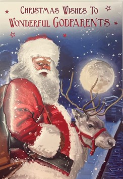 Godparents Christmas Card - Traditional Santa Reindeer with Red Foil 7.5x5.25"