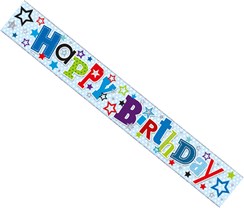 Happy Birthday Foil Party Banner - Blue with Multicoloured Writing and Stars Happy Birthday Foil Party Banner - Blue with Multicoloured Writing and Stars